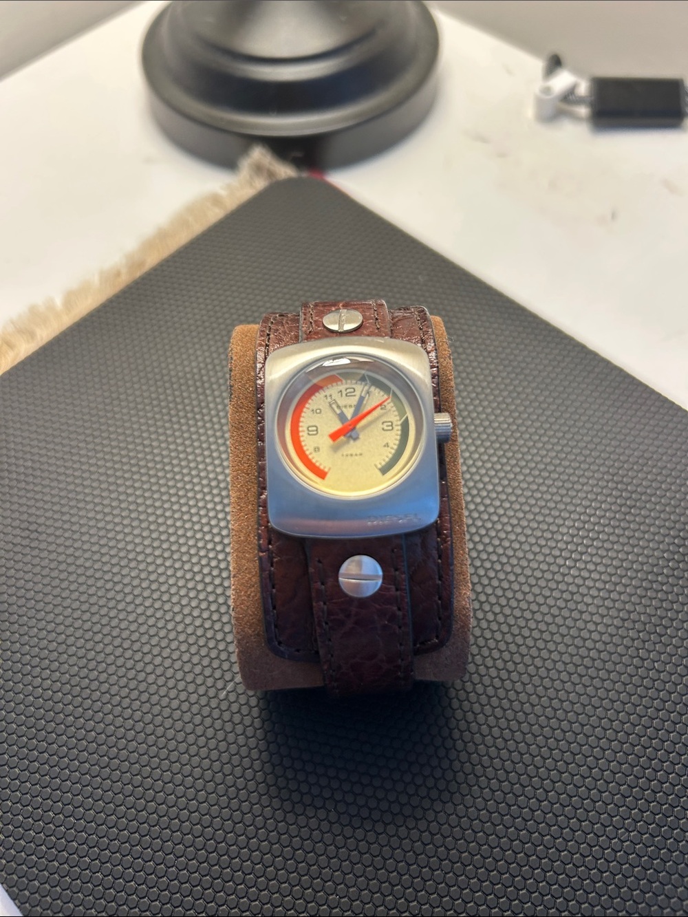 Diesel Brown Leather Cuff Watch with Cream and Red Dial